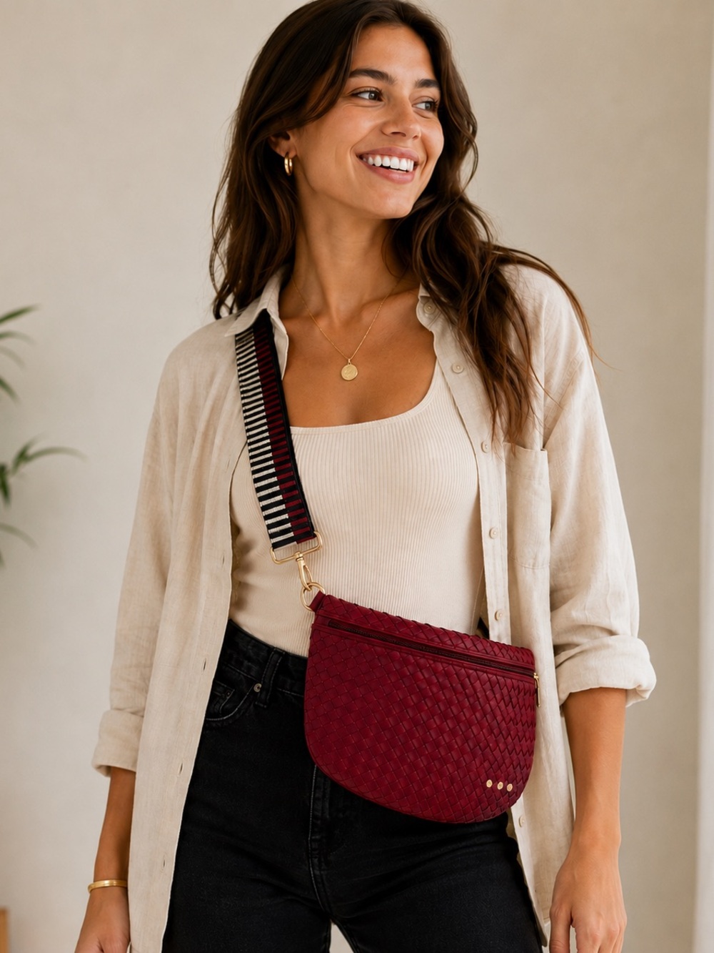 Pretty Simple Westlyn Woven Bum Bag Vegan Leather Sangria Adjust High Quality